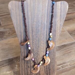 Hawaiian Koa Crescent Wooden Moon Beaded Necklace